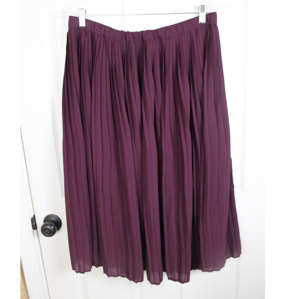 Eileen Fisher Plum Purple Pleated Midi Skirt Womens Size 12 Elastic Waist F18KNP